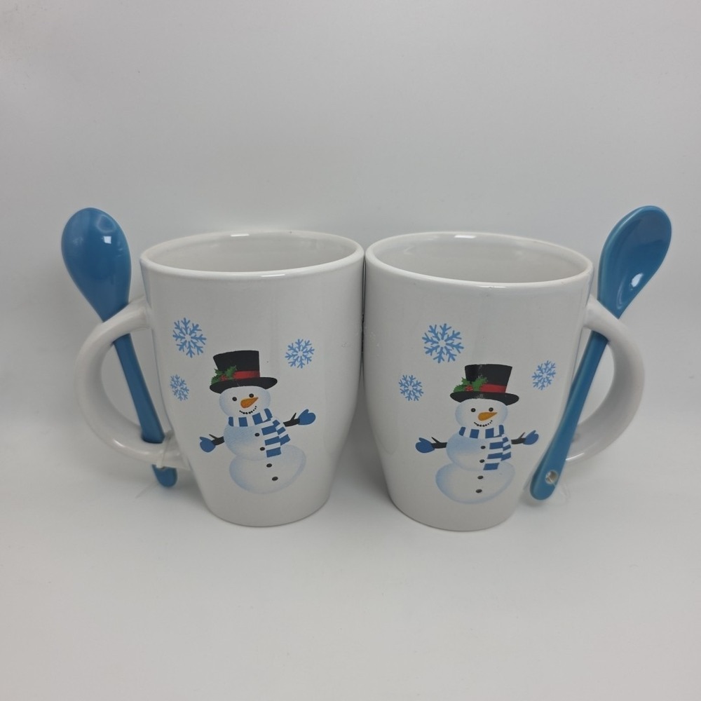 Snowman Snowflakes Mugs With Spoons 11 Oz‎  Christmas Holiday NEW